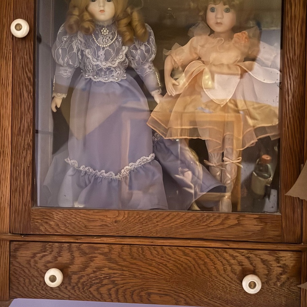 Porcelain Dolls in Blue and Peach Dresses